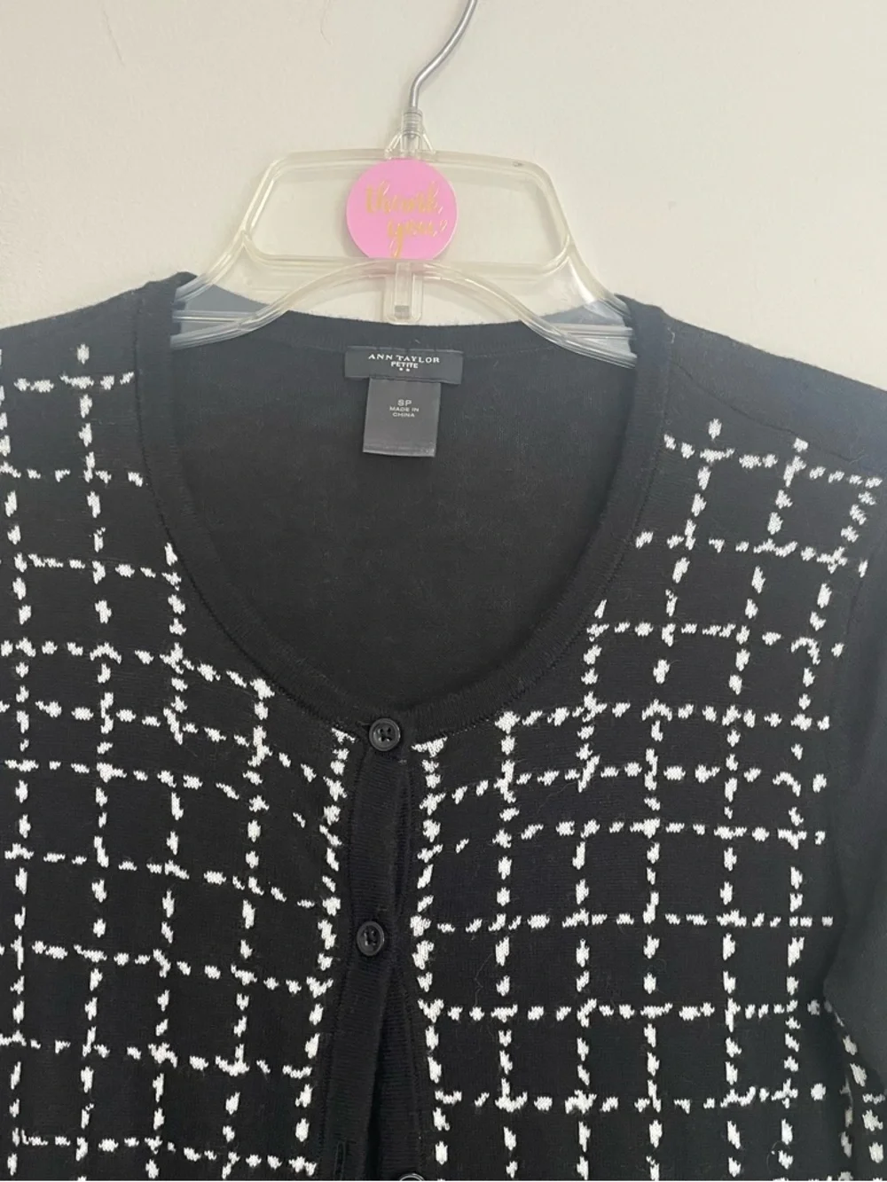 Ann Taylor Black Lightweight Knit‎ Cardigan with White Grid Stitching~ Size S/P